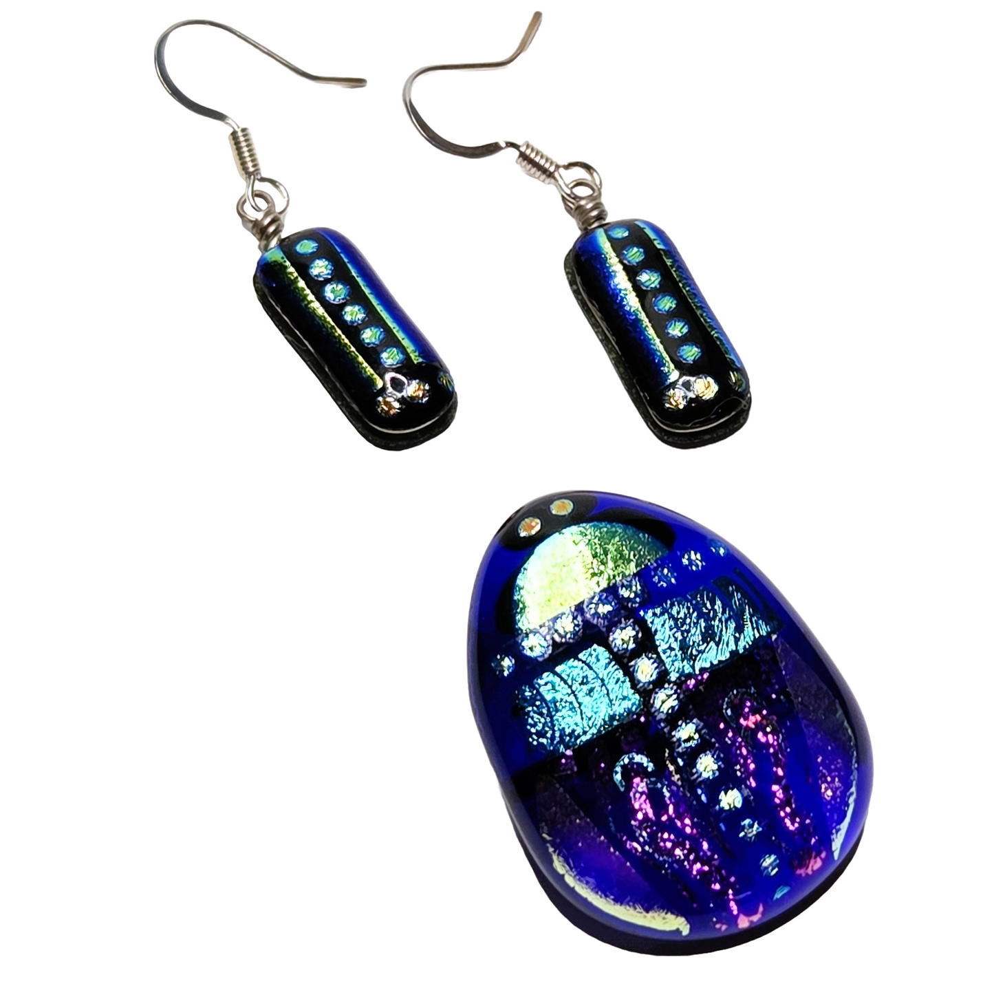 COBALT BLUE FOILED GLASS 4 PC. PENDANT EARRING SET