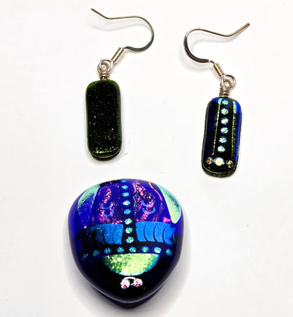 COBALT BLUE FOILED GLASS 4 PC. PENDANT EARRING SET