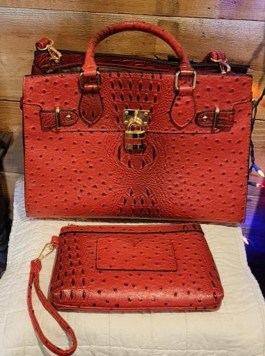 FAUX ALLIGATOR SKIN RED PURSE WITH MATCHING WRISTLET