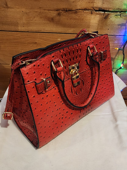 FAUX ALLIGATOR SKIN RED PURSE WITH MATCHING WRISTLET