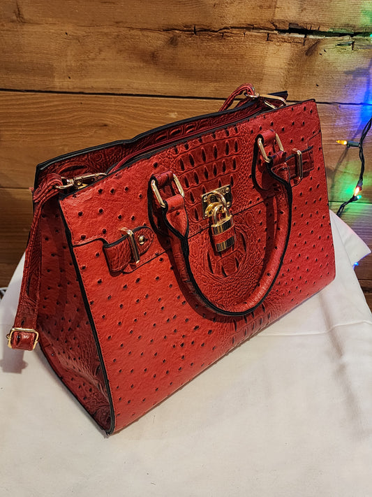 FAUX ALLIGATOR SKIN RED PURSE WITH MATCHING WRISTLET