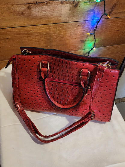 FAUX ALLIGATOR SKIN RED PURSE WITH MATCHING WRISTLET
