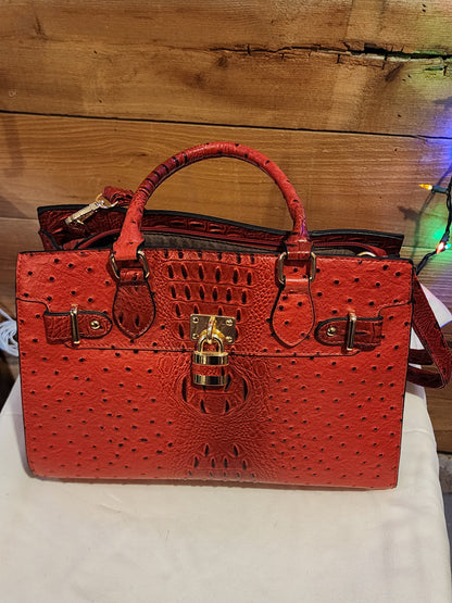 FAUX ALLIGATOR SKIN RED PURSE WITH MATCHING WRISTLET