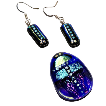 COBALT BLUE FOILED GLASS 4 PC. PENDANT EARRING SET
